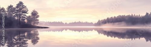Serene Sunrise over Misty Lake and Forest Reflection