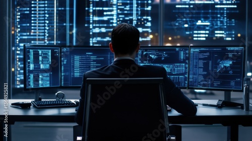 A cyber defense specialist monitoring network activity, dark control room with security monitors and firewall visuals in the background, High-tech style