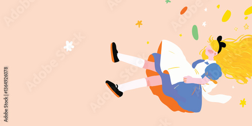 Alice's fall in wonderland: A stylized illustration captures Alice in freefall, her flowing blonde hair and iconic blue dress amidst a flurry of whimsical shapes and colors.
