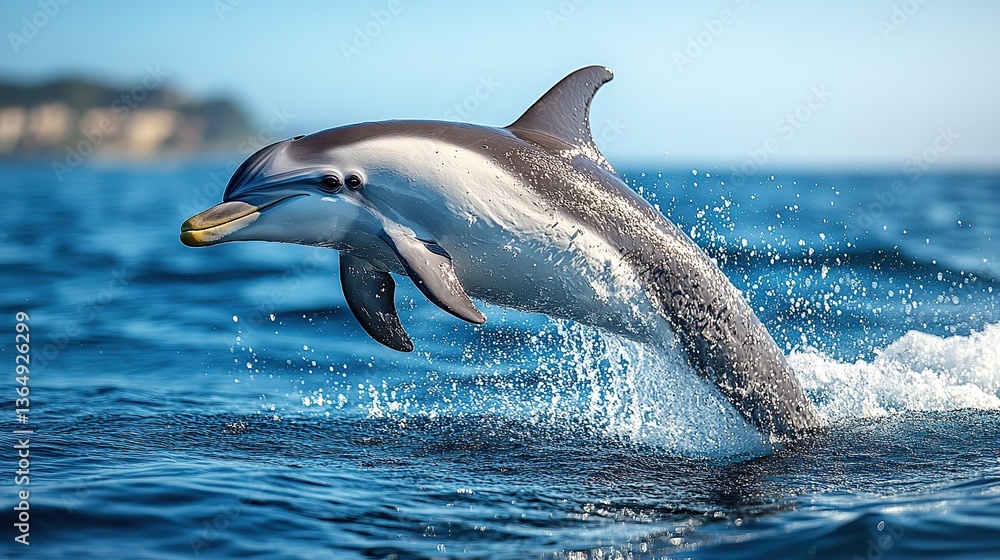 Fototapeta premium A playful dolphin jumps, splashing in blue water, clear blue sky.