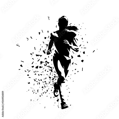 Running girl, high contrast silhouette illustration, front view. Run, isolated vector drawing with distortion effect