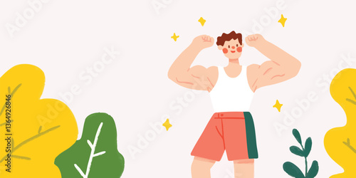 An illustration of a muscular person flexing their arms in a vibrant outdoor setting, conveying strength, health, and a positive lifestyle.