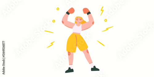 A determined female boxer raises her arms in a vibrant illustration. Her pose, showcasing her strength and confidence, is further enhanced by graphic elements, suggesting energy and dynamism.