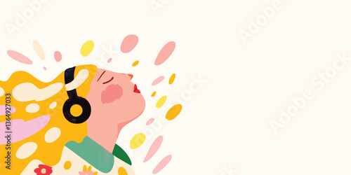 A young woman lost in music, visualized through vibrant illustrations.