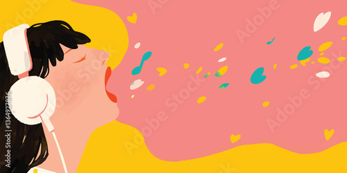 A woman immersed in her music, her face alight with passion and ecstasy as colorful elements dance around her, capturing the essence of sonic bliss.