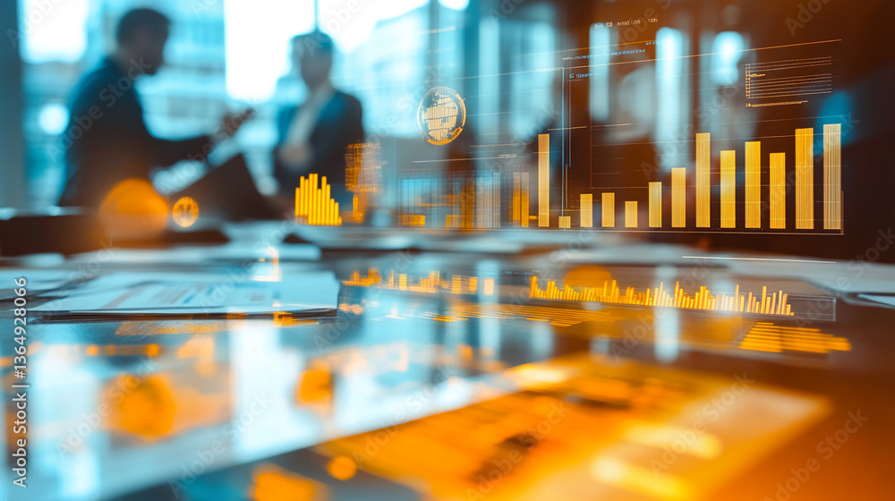 Blurred image of businesspeople meeting, overlaid with glowing graphs and charts, symbolizing data analysis, market trends, and financial success Blurred image of businesspeople meeting, overlaid with glowing graphs and charts, symbolizing data analysis, market trends, and financial success