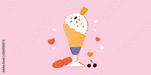 A delightful ice cream sundae, adorned with sprinkles and a cherry, sits on a pastel pink backdrop, exuding playful charm.