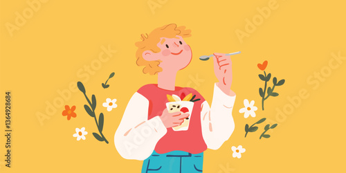 A cheerful individual savors a refreshing cup of yogurt, adorned with vibrant fruit, in a delightful cartoon style. The scene is bathed in a sunny yellow backdrop.