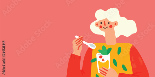An illustration of a happy woman relishing a vibrant, healthy drink. Depicting the fusion of health and happiness, inviting viewers to savor the wholesome goodness.