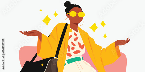 A fashionable woman with sun glasses making a bold statement. She is radiating confidence, with a trendy outfit, and perfect pose.