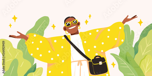 A cheerful individual radiates positivity, arms outstretched in a celebration of life amidst a vibrant garden setting. This illustration captures the essence of joy, empowerment.