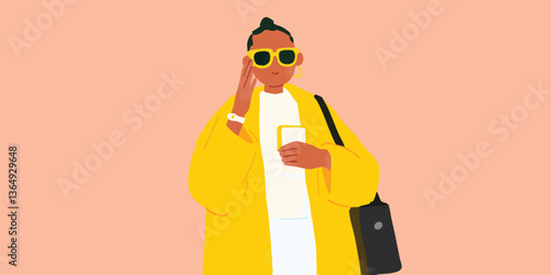 A stylish individual, adorned in a sunny yellow ensemble, exudes confidence. The person is sporting vibrant yellow sunglasses, and carries a bag and a smartphone.