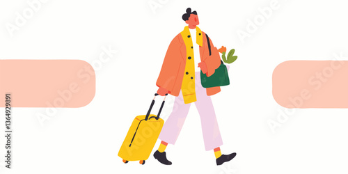 A person, dressed casually, pulls a vibrant yellow suitcase, heralding a journey. The artwork portrays movement, anticipation, and the spirit of travel.