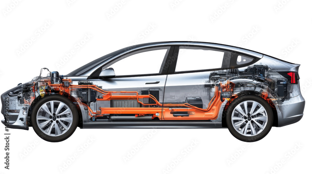 Electric Vehicle Cutaway: A detailed cross-section reveals the intricate inner workings of an electric vehicle, highlighting its innovative technology and sustainable design. Electric Vehicle Cutaway: A detailed cross-section reveals the intricate inner workings of an electric vehicle, highlighting its innovative technology and sustainable design.
