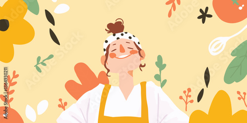 A joyful cartoon figure surrounded by floral art, embodying happiness and contentment. 