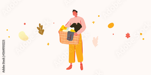 A person is carrying basket with laundry clothes in it, symbolizing the act of performing household chores.