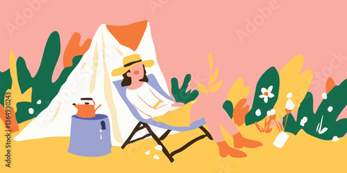 A person relaxed in a camping setup, immersed in the serenity of nature. The scene is adorned with a tent and vibrant flora, depicting an idyllic vacation experience.