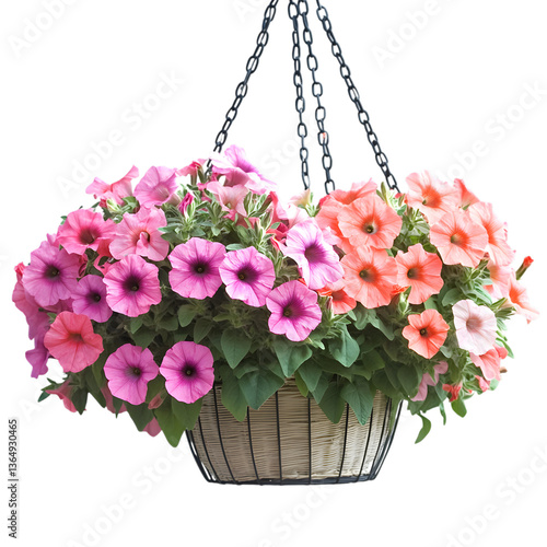 Hanging Petunia Basket Flowers on white background
