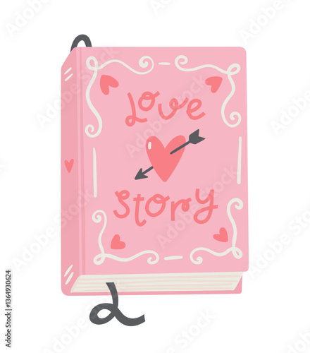Cute Love story book with pink vintage cover. Vector cartoon illustration isolated on white background. Template for St. Valentine's greeting card