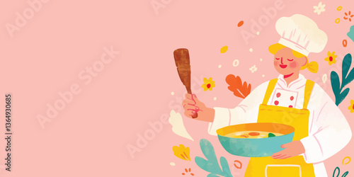 A smiling chef in a professional uniform, diligently stirring ingredients in a pot against a soft pink backdrop, symbolizing culinary expertise and passion.