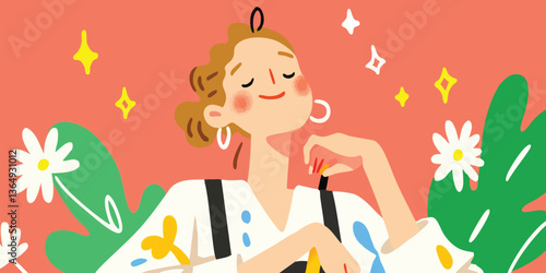 A cheerful and serene woman is at peace with herself, and she radiates an aura of happiness and contentment within a garden, with illustrations.
