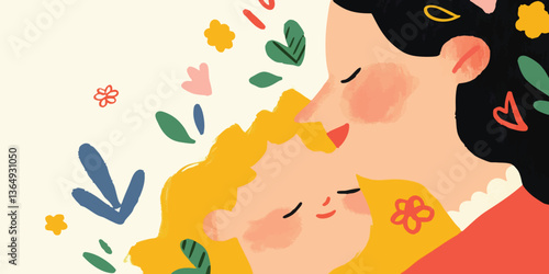 A tender depiction of a mother embracing her child with flowers and leaves around her, capturing a moment of affection and the essence of family.