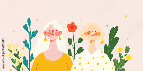 Two women, hand-drawn with illustrative style, surrounded by lush floral elements, a celebration of female friendship and the beauty of spring.