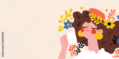 A woman holds a coffee cup,...