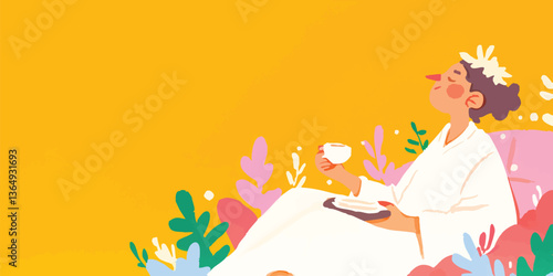 An illustration depicting a serene woman, enveloped in the essence of tranquility, savors a moment of blissful relaxation. The woman's serene pose and surroundings radiate the essence of calm.