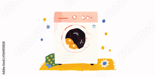A whimsical illustration captures a washing machine as the center of attention, with a bright and friendly design style. the composition is infused with cheerfulness and the delight of home life.