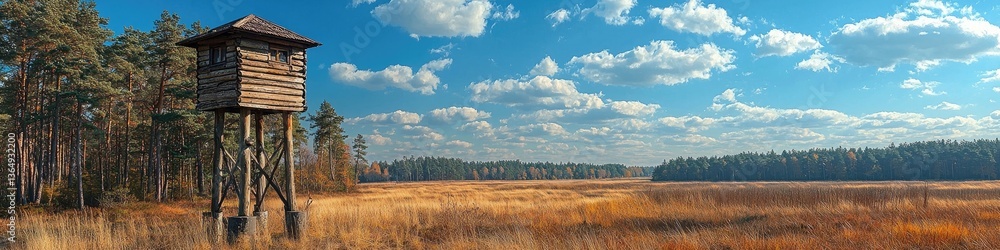 Elevated wooden structure in a vast, golden field under a bright, partly cloudy sky. Autumnal landscape Elevated wooden structure in a vast, golden field under a bright, partly cloudy sky. Autumnal landscape