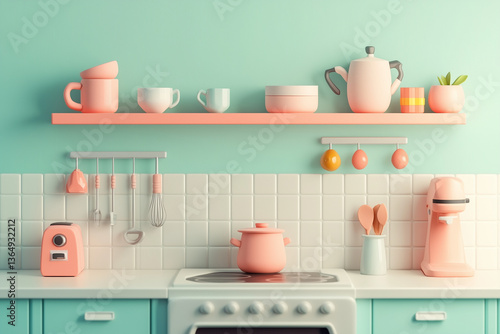 A stylized 3D pastel kitchen setup with stove, oven, microwave, and retro refrigerator arranged in a minimal scene. A whimsical diorama evoking home comfort, cooking, and cozy domestic design.
