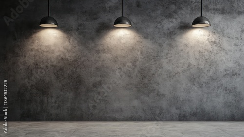 Empty room with exposed concrete walls and industrial pendant lights