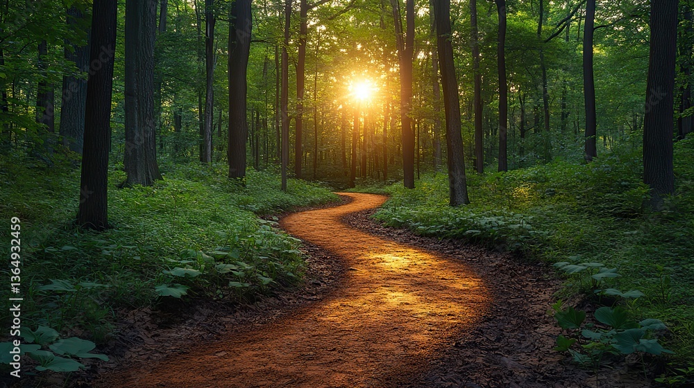 Fototapeta premium A serene and inviting atmosphere in springtime appears as sunlight filters through the trees, illuminating a winding dirt path meandering through a lush green forest.