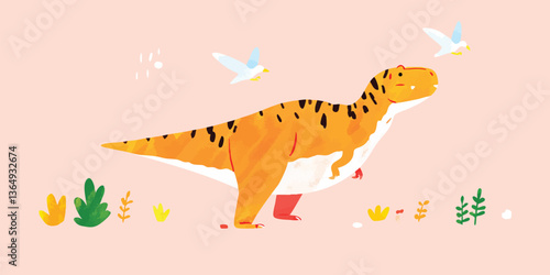 A cute illustrated dinosaur roams the prehistoric landscape. This whimsical design featuring a Tyrannosaurus Rex makes a fun visual.