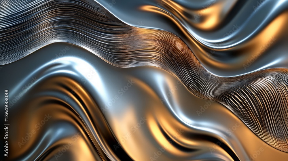 Fototapeta premium Abstract Metal Wave Illustration: Fluid Chrome, Gold Accents, Digital Art, Dynamic Design, 3D Render, Modern Art.