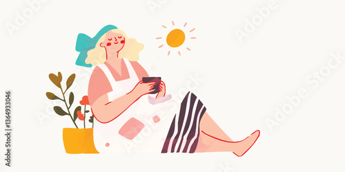 A lady is taking a coffee break. the illustration depicts a moment of serenity and peace, a sun shining above, a sense of peace, relaxation.