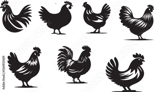 set Hen Silhouette in Black and White Vector