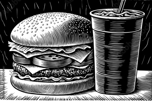 Fast food vector black and white burger and soda beverage drink hand drawn sketch outline