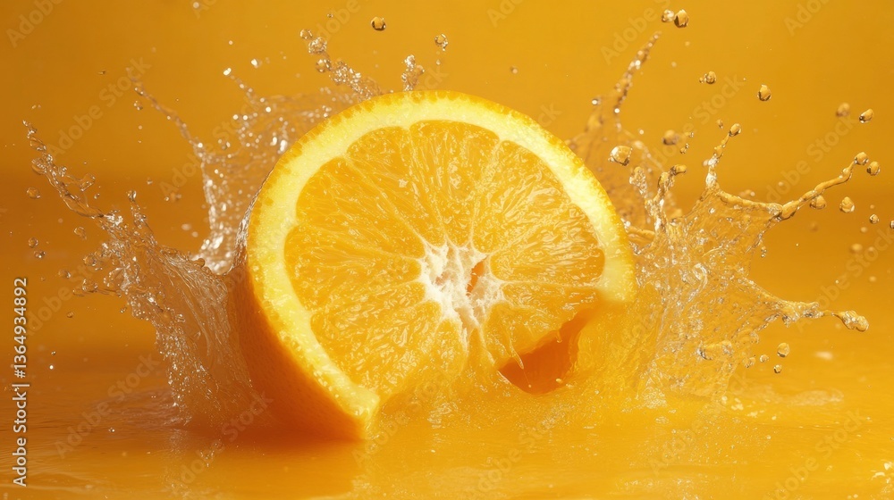 Fresh Orange Slice Splashes in Vibrant Yellow Backdrop Fresh Orange Slice Splashes in Vibrant Yellow Backdrop