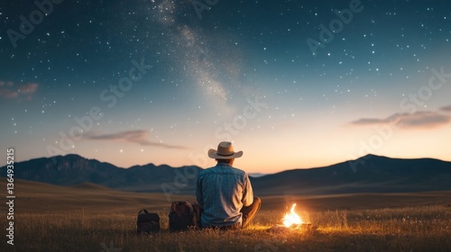 Man sits in grassy field gazing at starry night sky
