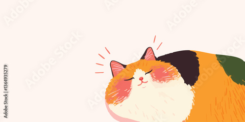 An adorable, fluffy, calico cat with a content expression, basking in the serene environment. The artwork evokes feelings of comfort and joy. 