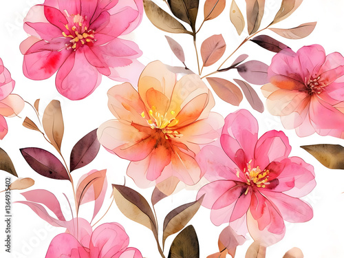 Seamless pattern with watercolor flowers . Floral Textile Design. Pink flowers on a white background