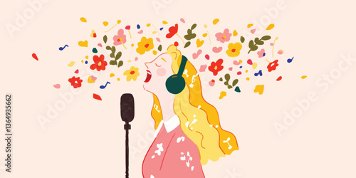 A singer's melodic expression blooms into a vibrant floral cascade, capturing the essence of music and art through an imaginative illustration. 