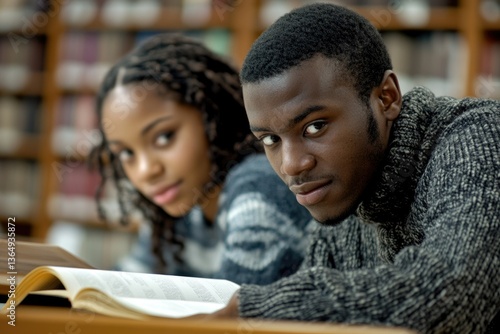 Two young students, a man and a woman, are studying together in a library, focused on their books.