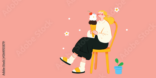 A person is sitting on chair enjoying giant ice cream, a colorful and stylish digital illustration. Capturing a moment of leisure, joy, and the simple pleasure of indulging in a sweet treat. 