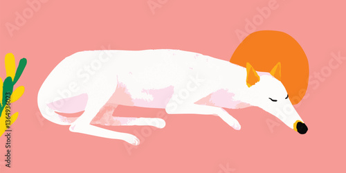 An illustrated depiction of a dog lying gracefully on a soft pink background, embodying peace and tranquility. With its elegant form and serene demeanor.