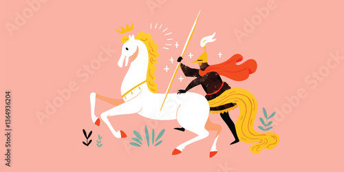 A whimsical illustration presents a regal knight astride a majestic white horse, capturing the essence of valor and chivalry. The knight, clad in shining armor and adorned with a flowing cape.