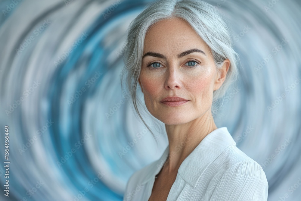 A mature woman with gray hair, wearing a white shirt, poses against a blue abstract background.