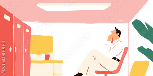 A person is sitting in a minimalist office space, lost in thought under a bright light. The image features muted tones, and subtle elements.